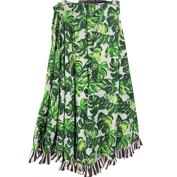 Caroline Constas Maxi High Low Skirt Palm Leaf Print Striped Ruffle Trim Size M - Picture 3 of 8